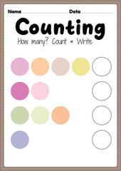 Counting worksheet, math printable sheet for preschool and kindergarten kids activity to learn basic mathematics count and write skills.
