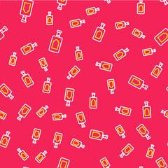 Line Whiskey bottle icon isolated seamless pattern on red background. Vector