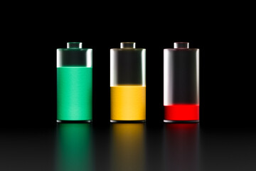 A set of three transparent batteries with different charge levels on a black background, colored battery charge indicators, a sign or symbol, 3d rendering