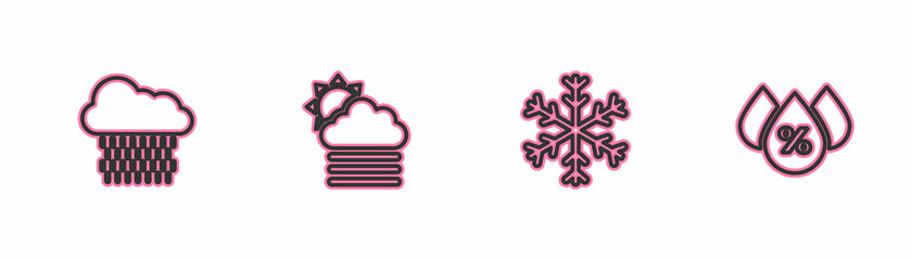 Set line Cloud with rain, Snowflake, Fog and cloud sun and Water drop percentage icon. Vector