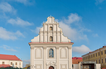 Fototapeta premium Front view of Cathedral Of Holy Spirit In Minsk - Main Orthodox Church Of Belarus And Symbol Of Old Minsk