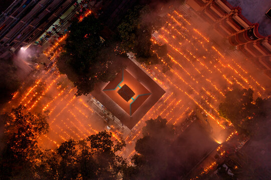 Aerial view of people praying and worshipping at Sri Bramhachar temple for Hindu fasting festival, Sonargaon, Bangladesh.