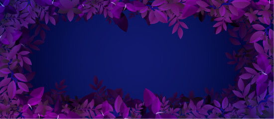 Blue background with frame of purple leaves. Night jungle or summer forest design. Vector poster with border of cartoon foliage in neon colors and copy space in center