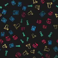 Set line Air conditioner, Blender, Vacuum cleaner and Rotary hammer drill machine on seamless pattern. Vector
