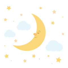 Obraz na płótnie Canvas Cute moon. Sleeping moon, stars and clouds isolated on white background. Vector illustration.