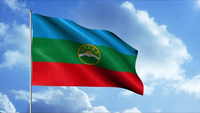  Flag of the Karachay-Cherkess Republic.Motion. Three colors, light blue - on top, green - in the middle, red - from below and in the middle in the circle of the sun sign.