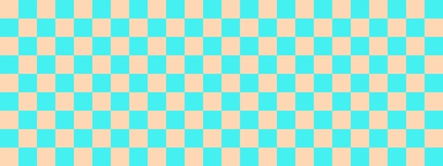 Checkerboard banner. Cyan and Apricot colors of checkerboard. Small squares, small cells. Chessboard, checkerboard texture. Squares pattern. Background.