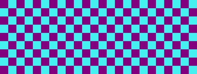 Checkerboard banner. Cyan and Purple colors of checkerboard. Small squares, small cells. Chessboard, checkerboard texture. Squares pattern. Background.