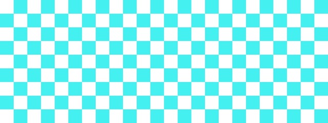 Checkerboard banner. Cyan and White colors of checkerboard. Small squares, small cells. Chessboard, checkerboard texture. Squares pattern. Background.