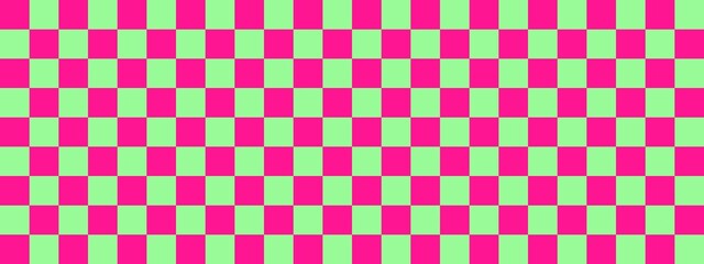 Checkerboard banner. Pale Green and Deep pink colors of checkerboard. Small squares, small cells. Chessboard, checkerboard texture. Squares pattern. Background.