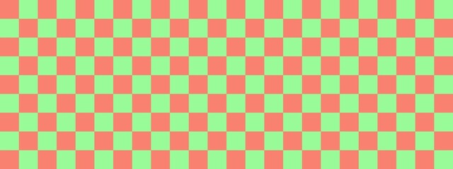 Checkerboard banner. Pale Green and Salmon colors of checkerboard. Small squares, small cells. Chessboard, checkerboard texture. Squares pattern. Background.