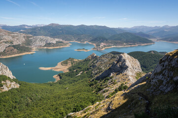 Views from Pico Gilbo to the town of Riaño with the reservoir, Leon Spain