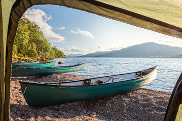 Fototapeta na wymiar Camping on Loch Ness while canoeing the Caledonian Canal, near Fort Augustus, Scottish Highlands, Scotland, United Kingdom, Europe