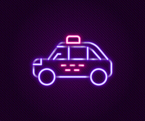 Obraz premium Glowing neon line Taxi car icon isolated on black background. Colorful outline concept. Vector