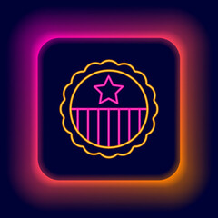 Glowing neon line Medal with star icon isolated on black background. Winner achievement sign. Award medal. Colorful outline concept. Vector