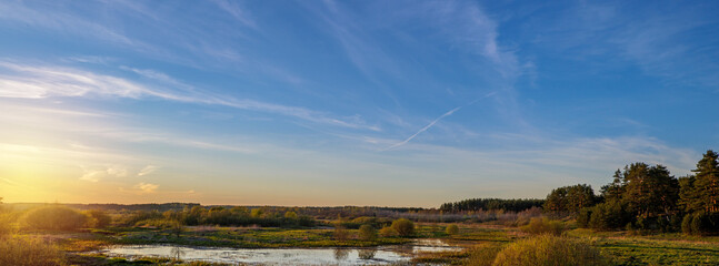 Spring background with a beautiful landscape on the river, nature in summer