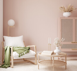 Home mockup, room in light pastel colors with blank wall, Scandi-Boho style, 3d render