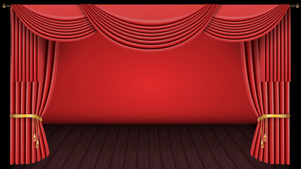 Theater stage with red curtain red curtain and wooden floor. Vector illustration.
