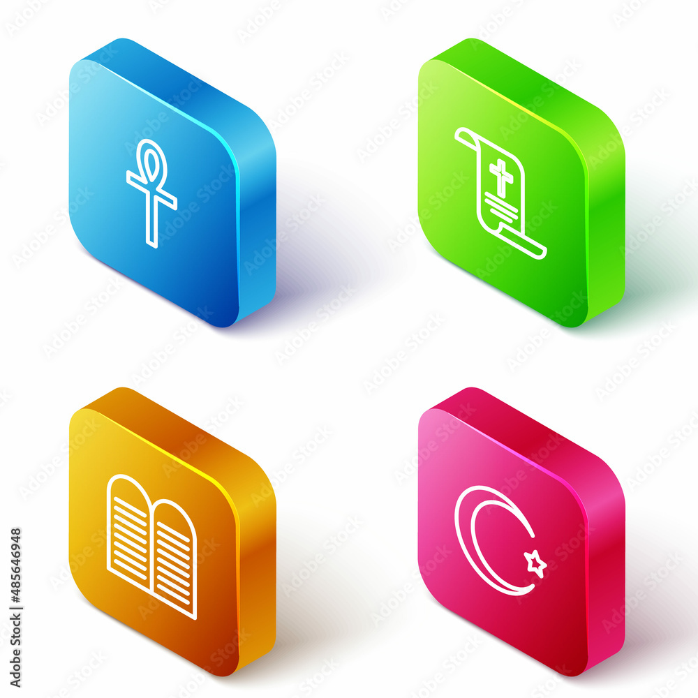 Sticker Set Isometric line Cross ankh, Decree, paper, parchment, scroll, The commandments and Star crescent icon. Vector