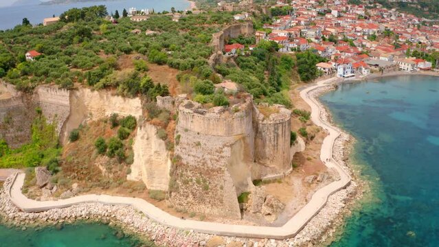 4k drone forward video (Ultra High Definition) of east coast of Ionina sea. Colorful summer scene of Koroni town and casttle, Messenia, Peloponnese, Greece, Europe.