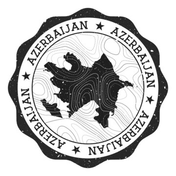 Azerbaijan outdoor stamp. Round sticker with map of country with topographic isolines. Vector illustration. Can be used as insignia, logotype, label, sticker or badge of Azerbaijan.