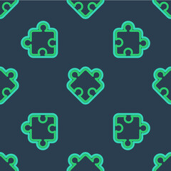 Line Puzzle pieces toy icon isolated seamless pattern on blue background. Vector