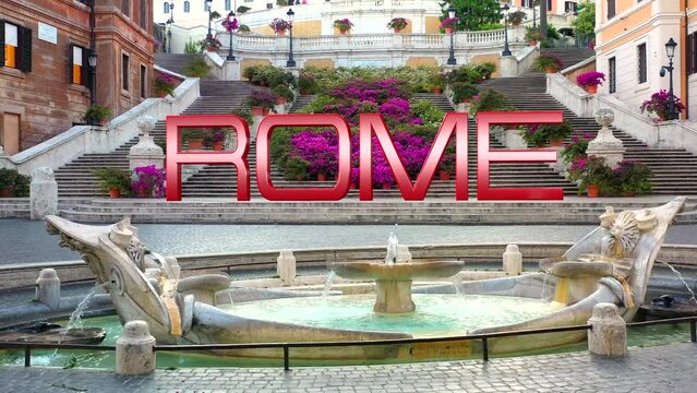Roma scritto a caratteri cubitali sullo sfondo di Piazza di Spagna e Trinit&agrave; dei Monti.
Vista aerea della scriita "ROME" in 3D, sulla scalinata infiorata di Trinit&agrave; dei Monti.