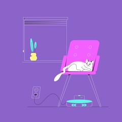 Cat sleeping on the armchair, robotic vacuum cleaner. Modern household cleaner. Vector illustration in flat and linear style