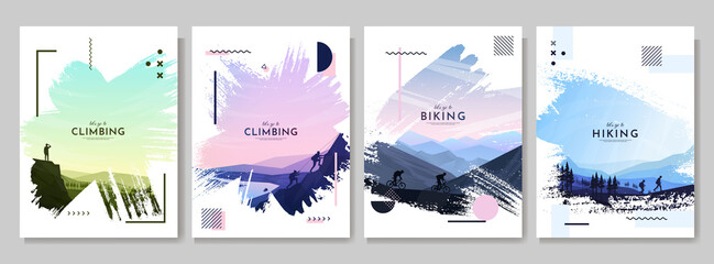 Vector illustration. Travel concept of discovering, exploring and observing nature. Hiking. Memphis pattern. Adventure tourism. Flat design elements brochure, magazine, book cover, poster, card