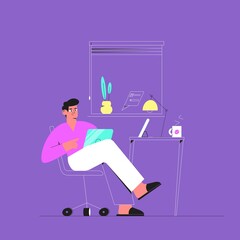 Work, freelance or study at home. Man working on laptop, sitting at the desk. Remote work and home office concept. Vector illustration in flat and line style