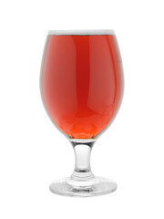 A glass filled with amber dark beer on a white background, close-up.
