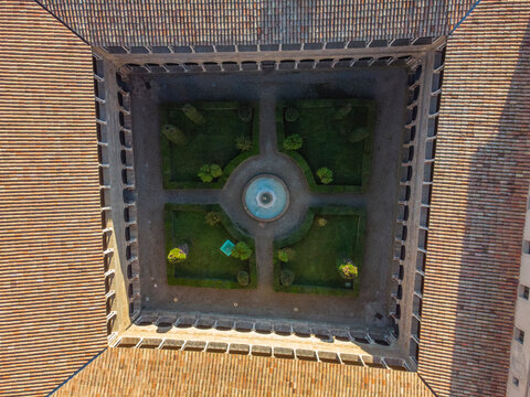 Aerial view of Santa Maria de Ripoll monastery, an ornate medieval church in Girona, Spain,.