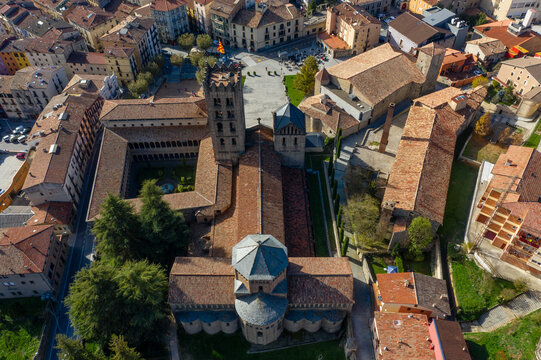 Aerial view of Santa Maria de Ripoll monastery, an ornate medieval church in Girona, Spain,.