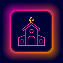 Glowing neon line Church building icon isolated on black background. Christian Church. Religion of church. Colorful outline concept. Vector