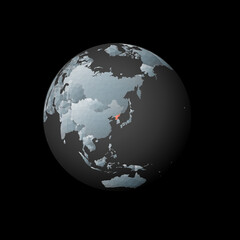 Low poly globe centered on North Korea. Red polygonal country on the globe. Satellite view of North Korea. Radiant vector illustration.