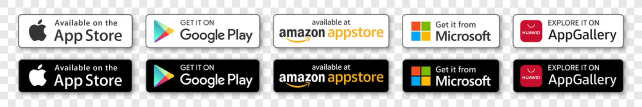 Apple app store, Google Play store, Amazon app store, Microsoft store, Huawei app gallery: download app buttons, Isolated on transparent background effect, Vector editorial illustration