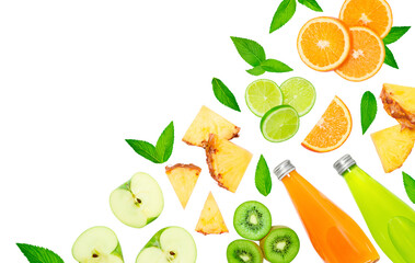 Two glass bottles with juice and sliced ​​fruits apple, pineapple, orange, lime, mint leaves, kiwi isolated on white background.