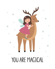 A cute little fairy is sitting on a deer. A beautiful girl in a dress. Vector illustration for T-shirt print, nursery decor, poster, postcard, invitation