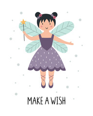 Cute little fairy with wings. A beautiful girl with a magic wand. Vector illustration for T-shirt print, nursery decor, poster, postcard, invitation