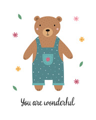 Cute cartoon bear in a jumpsuit. Funny children's poster. Vector illustration for T-shirt print, nursery decor, invitation card, postcard