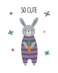 Cute cartoon rabbit holding a carrot. Funny children's poster. Vector illustration for T-shirt print, nursery decor, invitation card, postcard