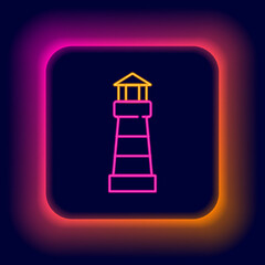 Glowing neon line Lighthouse icon isolated on black background. Colorful outline concept. Vector