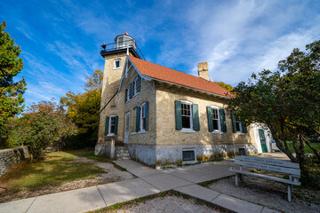 Eagle Bluff Lighthouse on Lake Michigan in Door County Wisconsin - obrazy, fototapety, plakaty