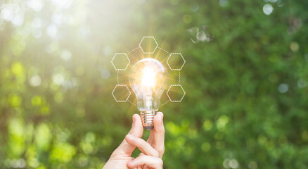 Green energy innovation light bulb with future industry of power generation icon graphic interface. Concept of sustainability development by alternative © Johannes