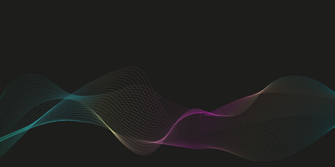 Wave of the many rainbow colored lines. Abstract wavy stripes on a black background isolated. Creative line art.