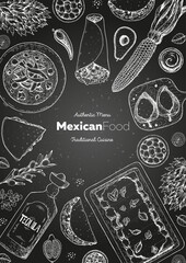 Mexican food top view frame. A set of mexican dishes with enchiladas, burritos, tortilla soup, poblanos, tacos. Food menu design template. Vintage hand drawn sketch vector illustration.Mexican cuisine