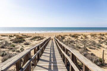 Fototapeta na wymiar Wooden pathway over dunes and pines at beach in Punta Umbria, Huelva. Los Enebrales beach