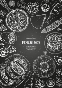 Mexican food top view frame. A set of mexican dishes with quesadillas, burritos, nachos, fajitas. Food menu design template.Vintage hand drawn sketch vector illustration.Mexican cuisine engraved image