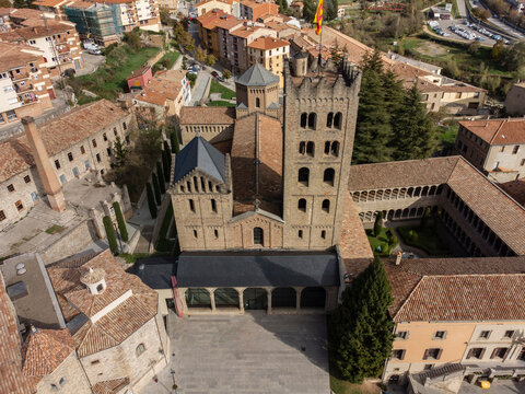 Aerial view of Santa Maria de Ripoll monastery, an ornate medieval church in Girona, Spain,.