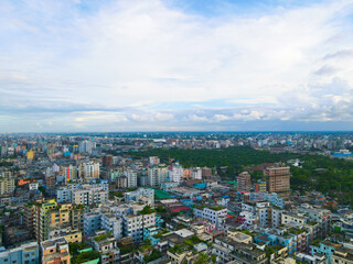 Fototapeta premium Dhaka Bangladesh skyline aerial drone view from above, Bird's eye view from helicopter of cityscape metropolis infrastructure, traffic cars, yellow cabs moving on city streets